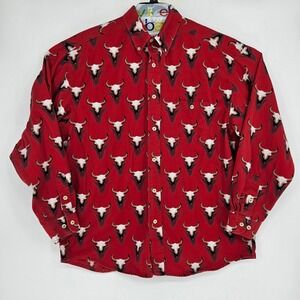 Vintage Barn Fly Shirt Mens Large Western All Over Print Longhorns Button Down